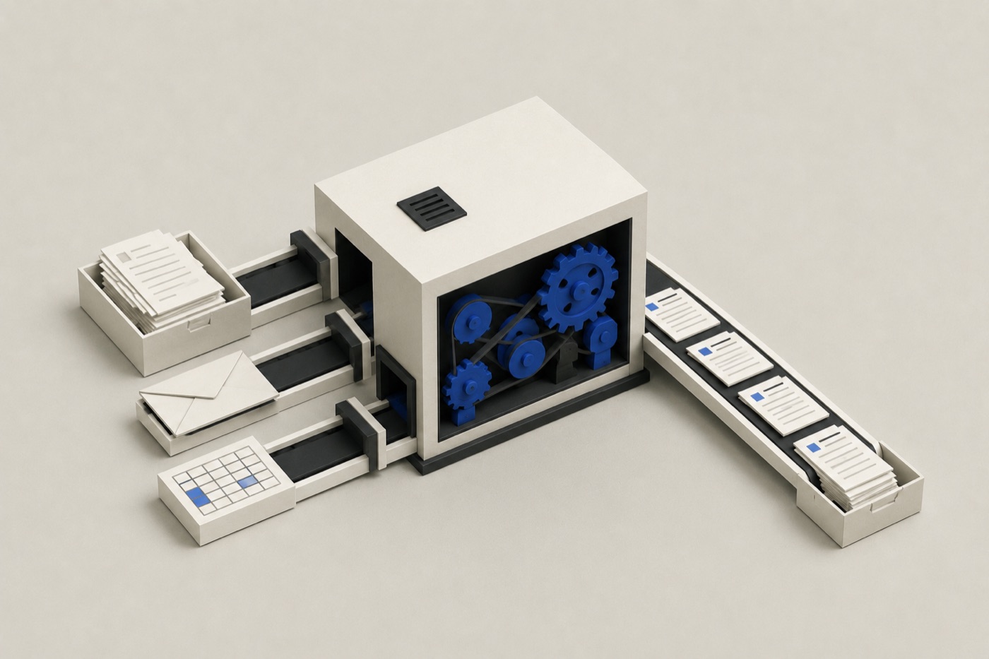 Une machine automatisée trie des documents et les range à leur place, chaque flux relié à un tapis distinct.