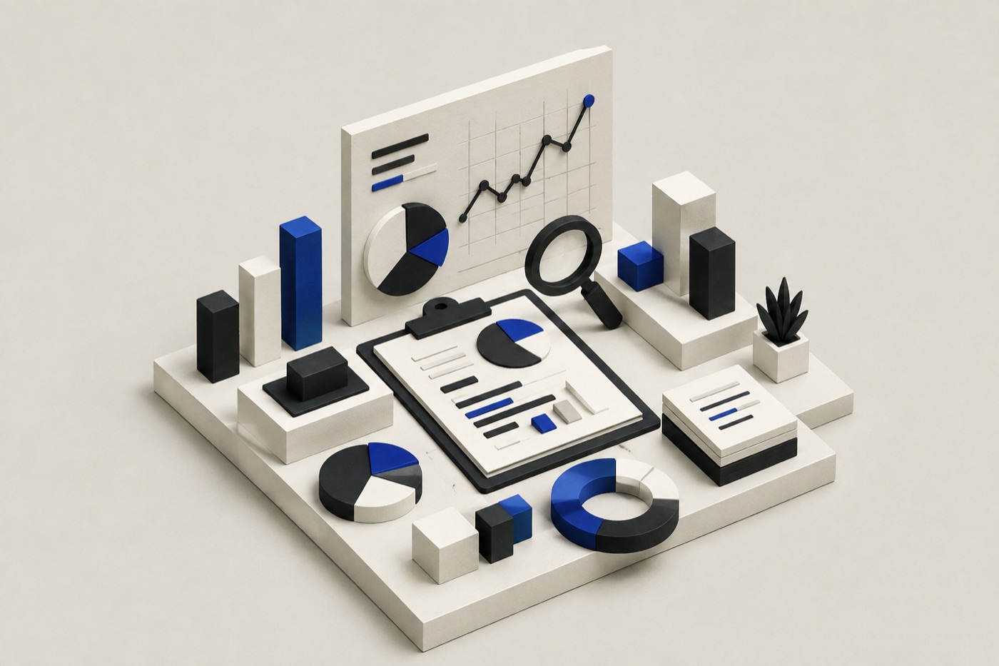 Des données organisées en graphiques clairs, une loupe qui met en évidence une tendance à la hausse.